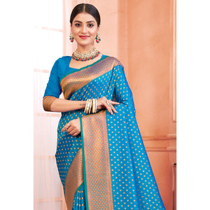 Blue Woven Banarasi Silk Saree With Tassels