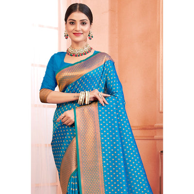 Blue Woven Banarasi Silk Saree With Tassels
