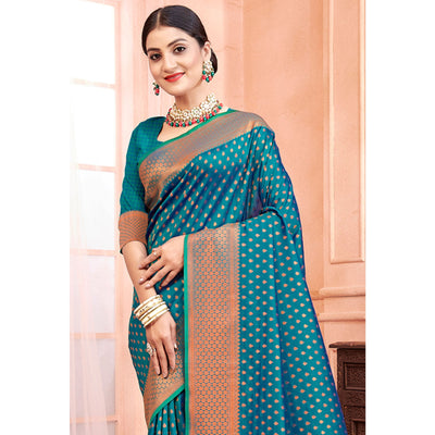 Blue Woven Banarasi Silk Saree With Tassels