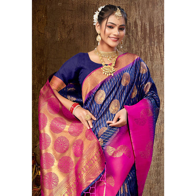 Blue Woven Banarasi Silk Saree With Tassels