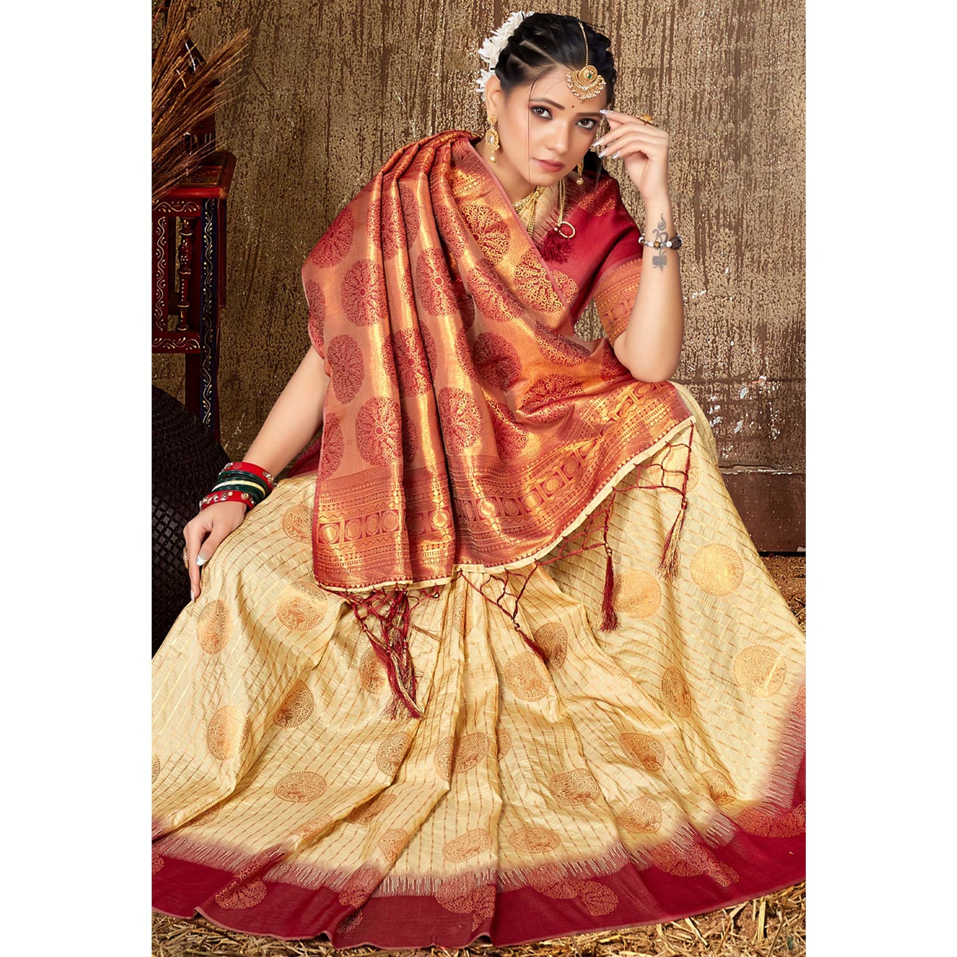Cream Woven Banarasi Silk Saree With Tassels