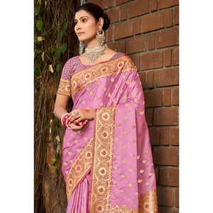 Light Pink Woven Satin Silk Saree With Tassels