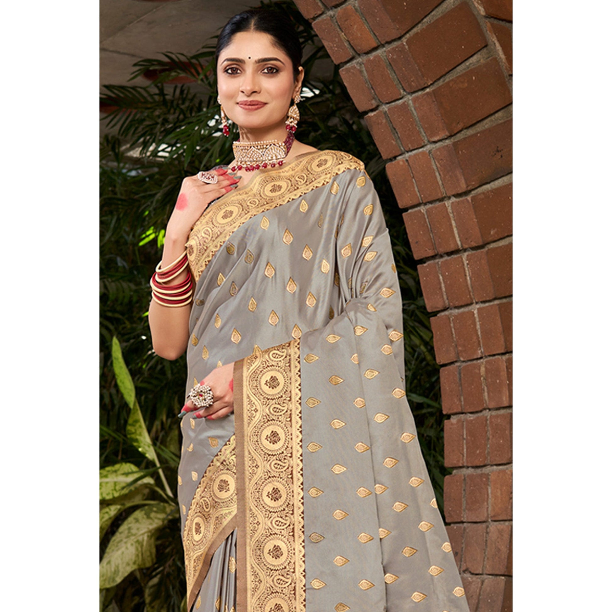 Grey Woven Satin Silk Saree With Tassels