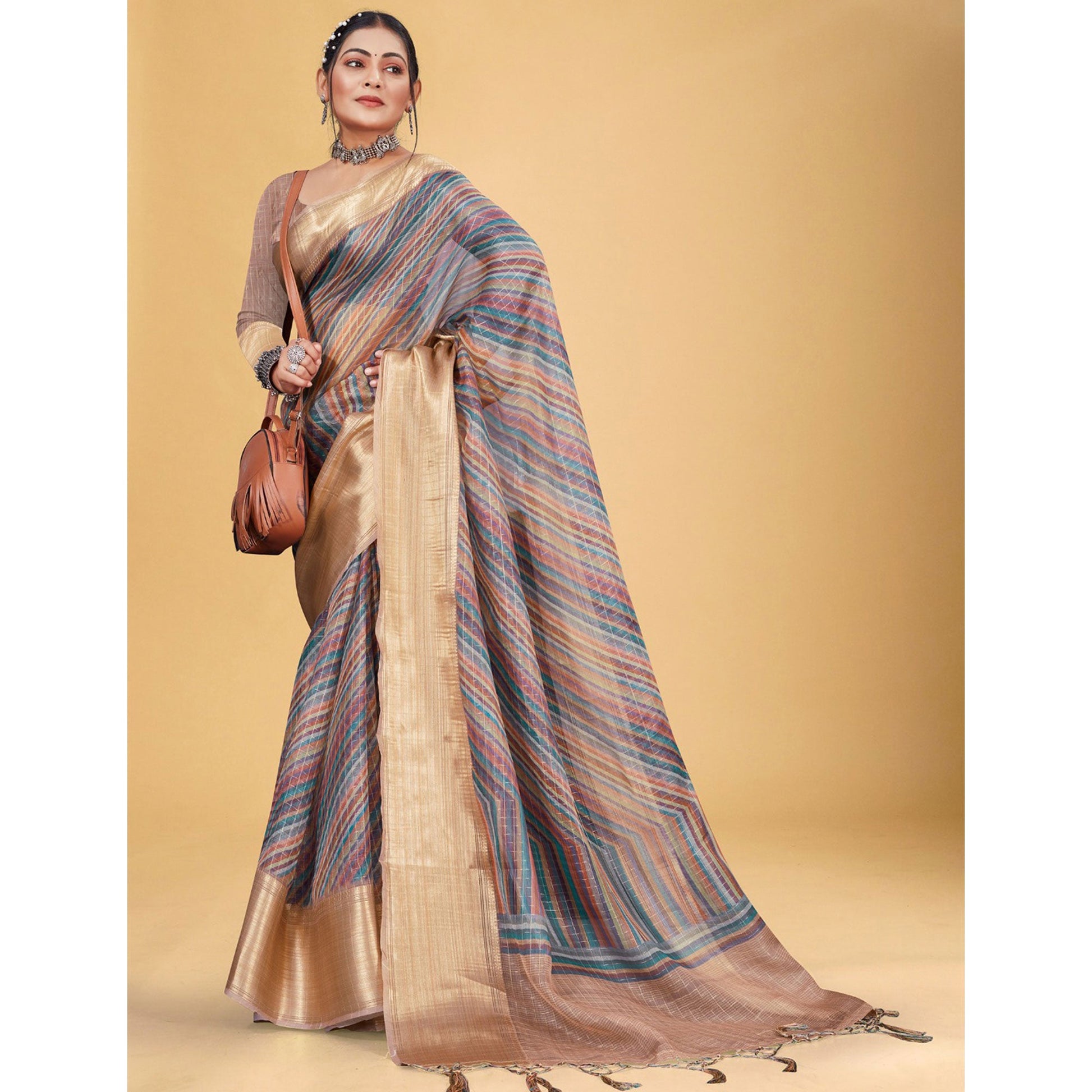 Multicolor Checks Woven Bhagalpuri Silk Saree With Tassels