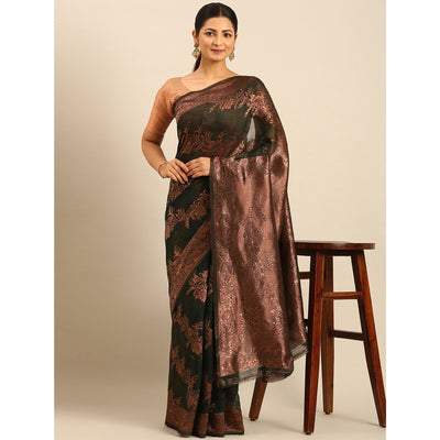 Bottle Green Floral Woven Cotton Silk Saree