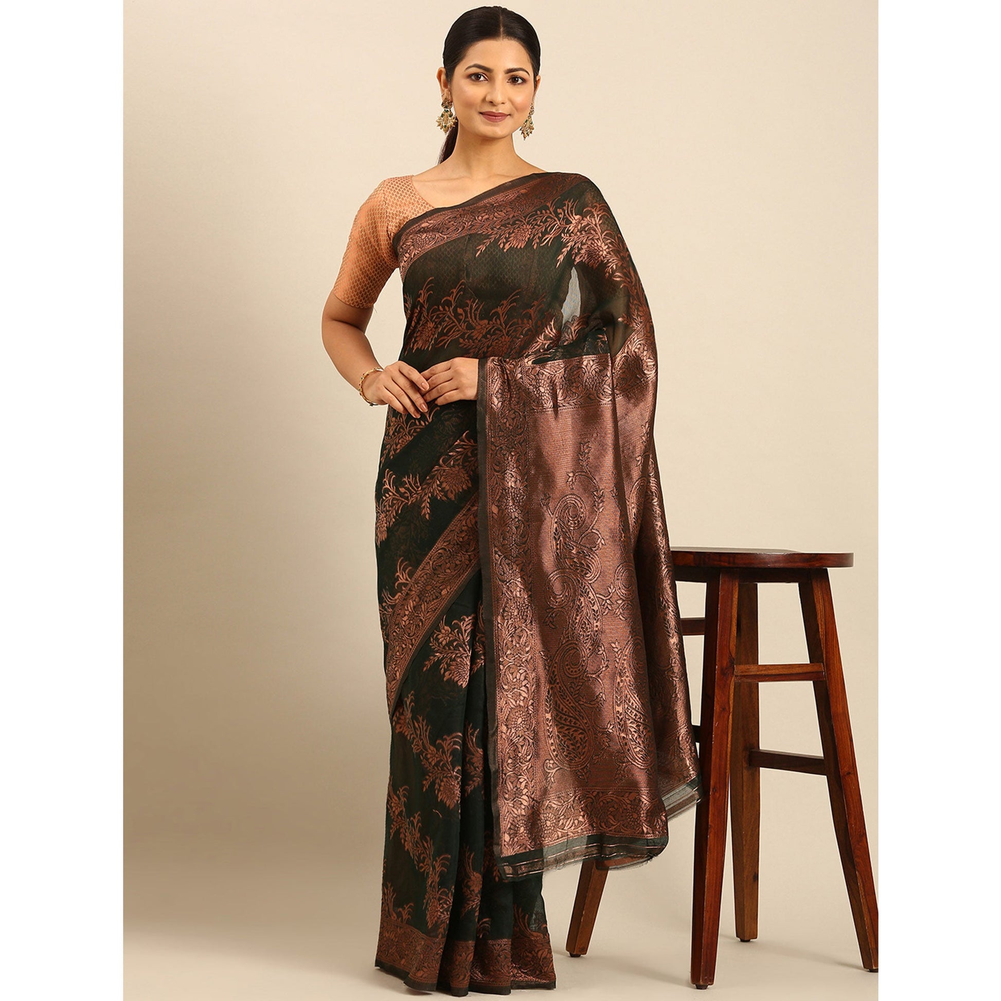 Bottle Green Floral Woven Cotton Silk Saree