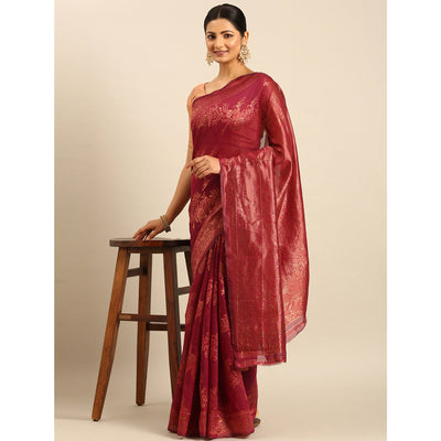 Magenta Floral Woven Cotton Silk Saree