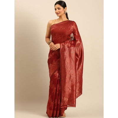 Maroon Floral Woven Cotton Silk Saree