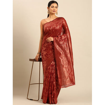 Maroon Floral Woven Cotton Silk Saree