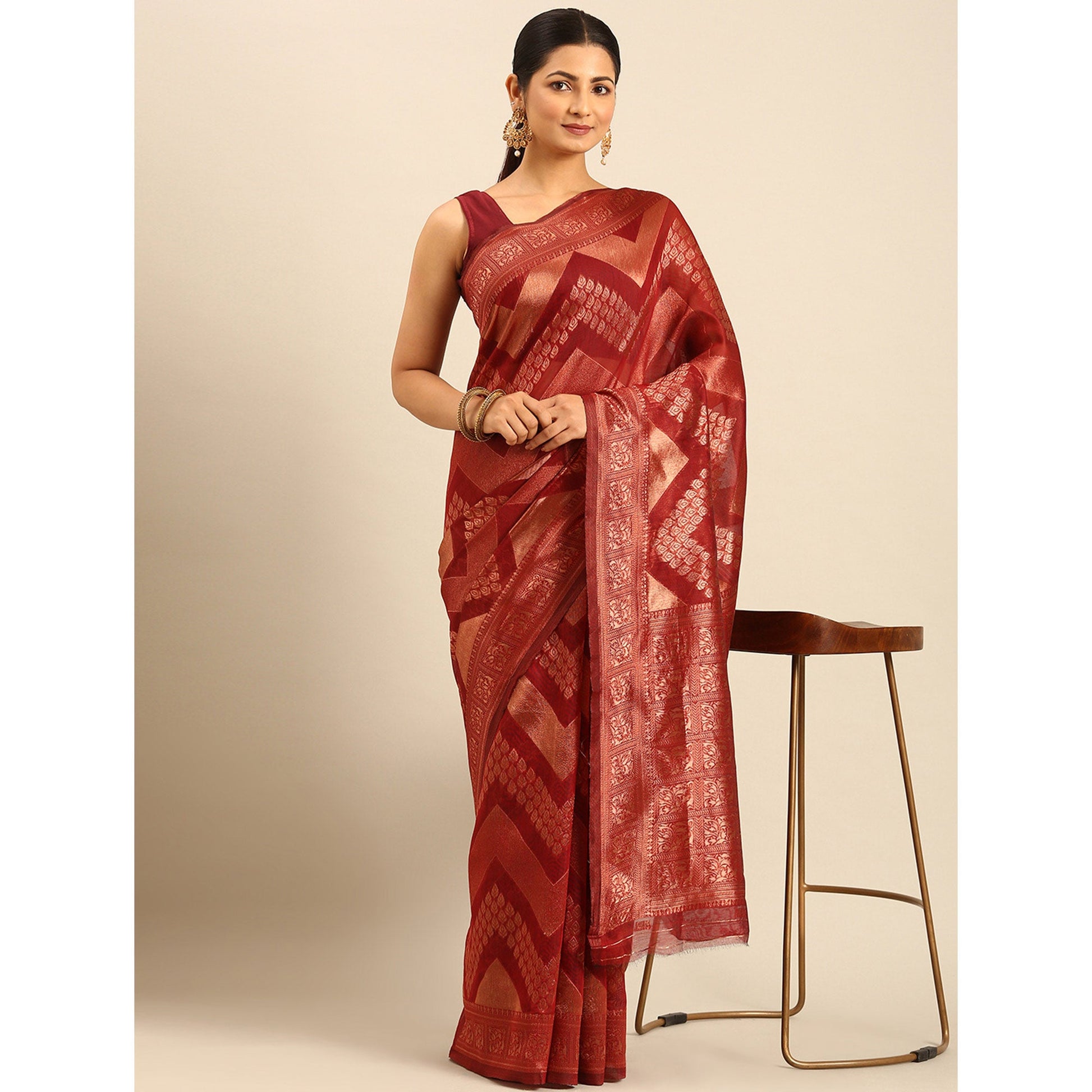 Maroon Floral Woven Cotton Silk Saree