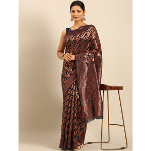 Dark Navy Blue Floral Woven Cotton Silk Saree