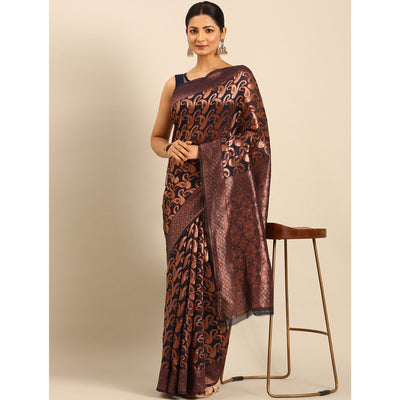 Dark Navy Blue Floral Woven Cotton Silk Saree