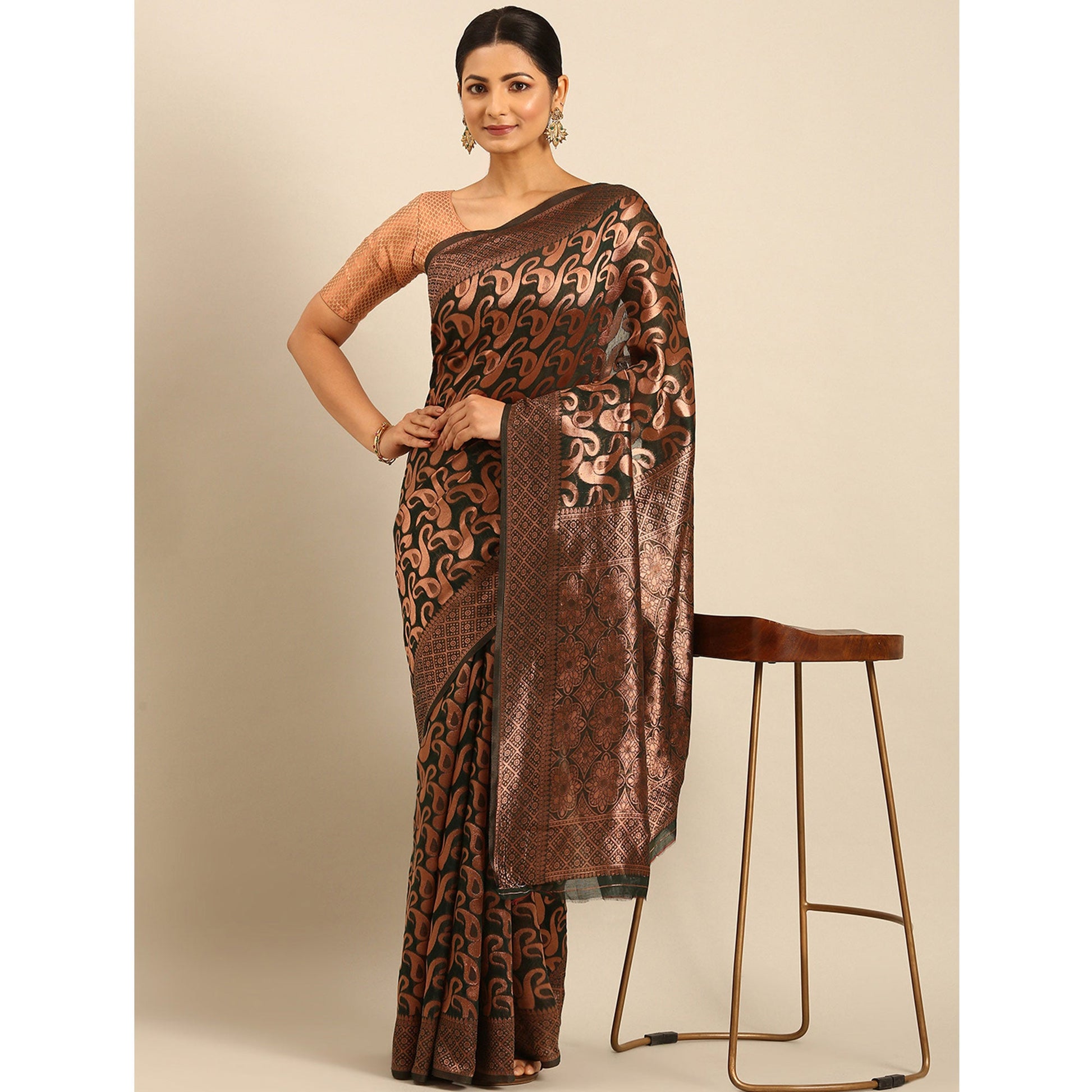 Bottle Green Floral Woven Cotton Silk Saree