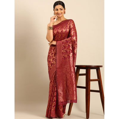 Magenta Floral Woven Cotton Silk Saree