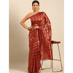 Maroon Floral Woven Cotton Silk Saree