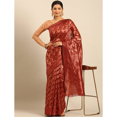 Maroon Floral Woven Cotton Silk Saree