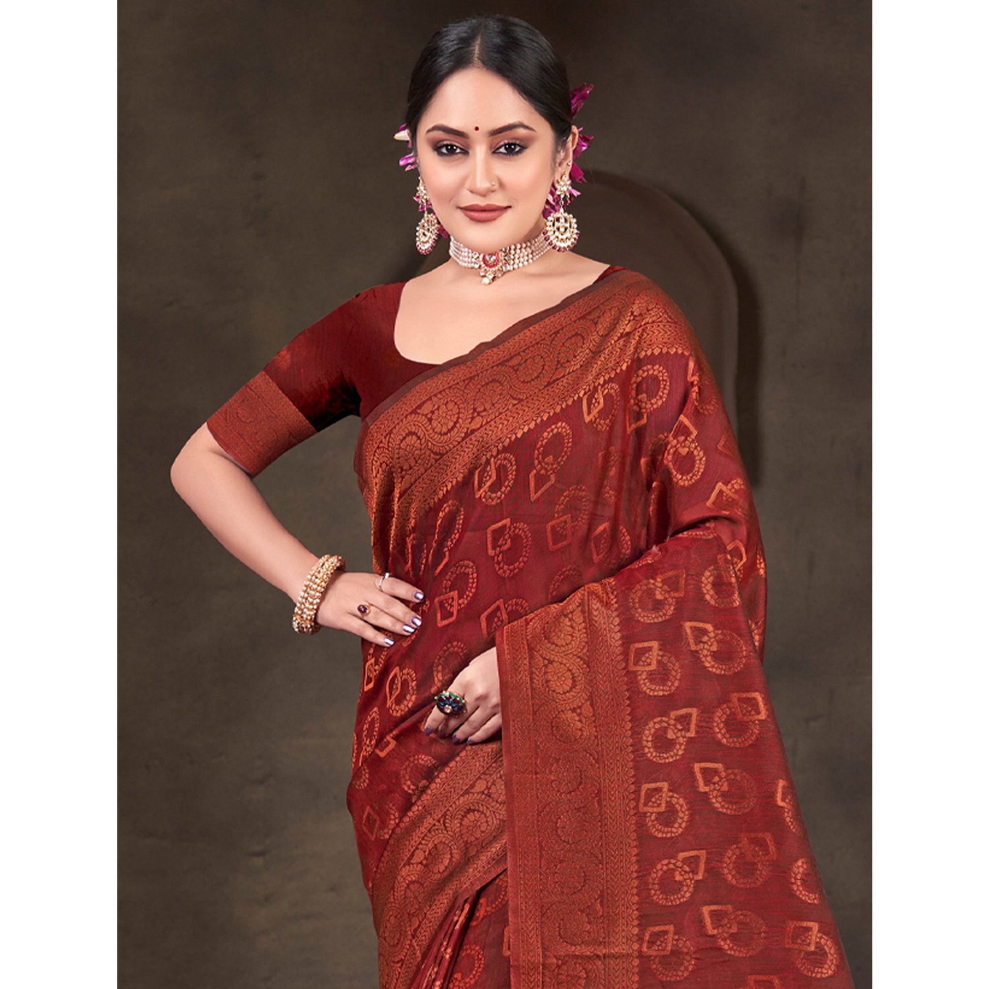 Maroon Woven Cotton Silk Saree
