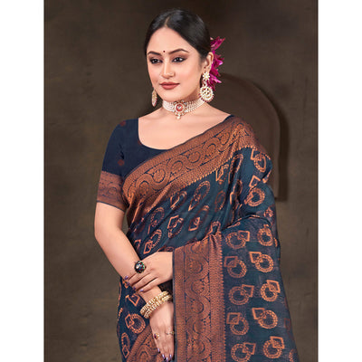 Blue Woven Cotton Silk Saree