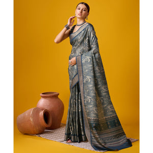 Bluish Grey Digital Printed Cotton Silk Saree
