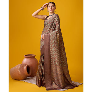 Brown Digital Printed Cotton Silk Saree With Border