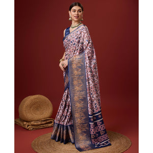 Light Pink Digital Printed Cotton Silk Saree With Border