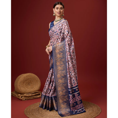 Light Pink Digital Printed Cotton Silk Saree With Border