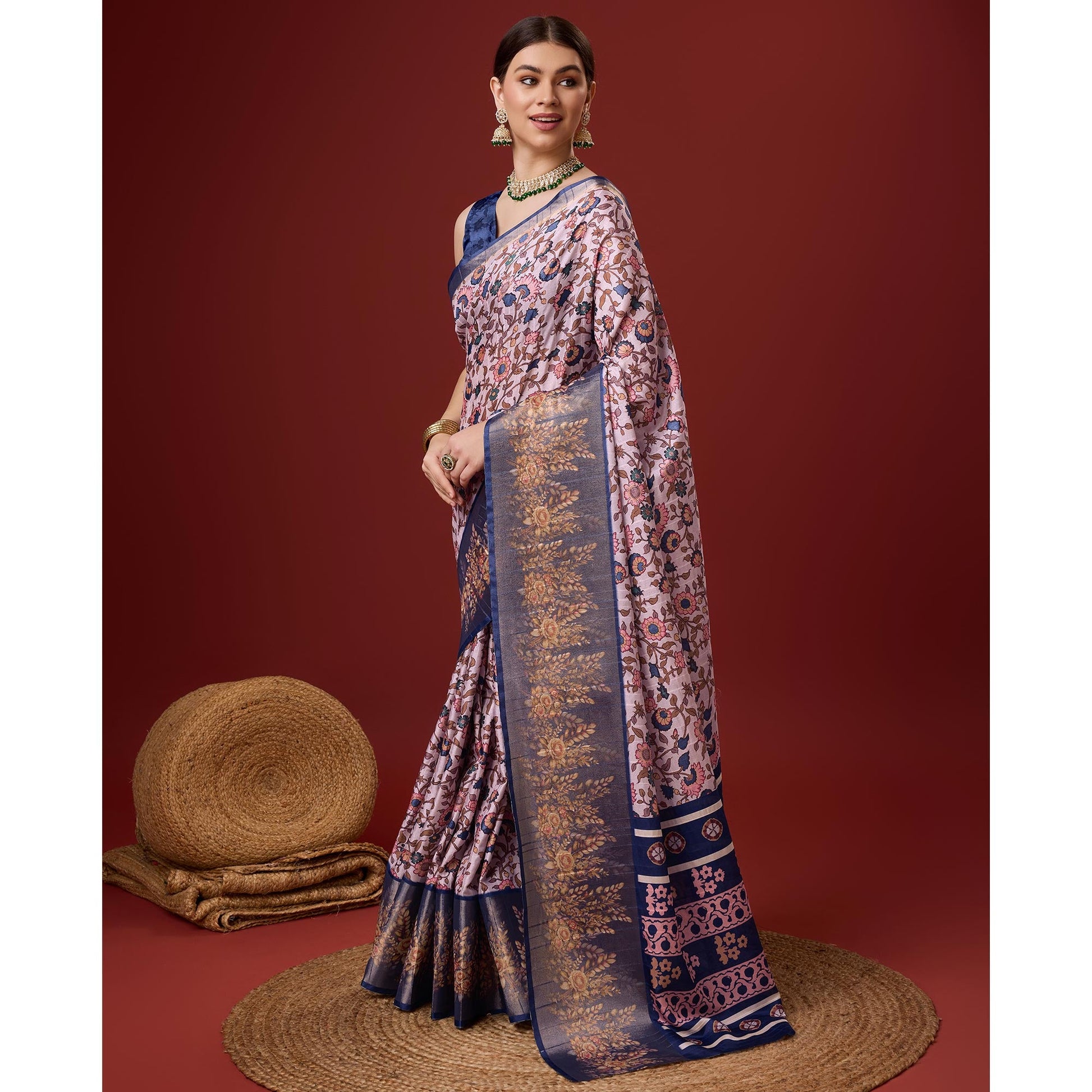 Light Pink Digital Printed Cotton Silk Saree With Border