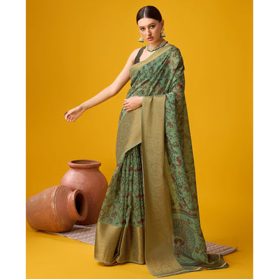 green-digital-printed-cotton-silk-saree-with-border