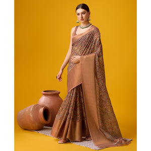 Brown Digital Printed Cotton Silk Saree With Border