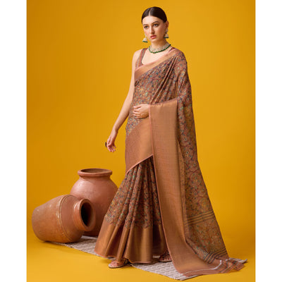 Brown Digital Printed Cotton Silk Saree With Border
