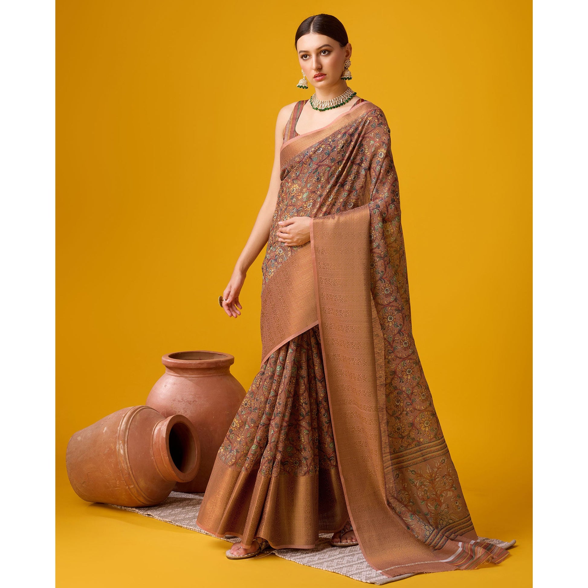 Brown Digital Printed Cotton Silk Saree With Border
