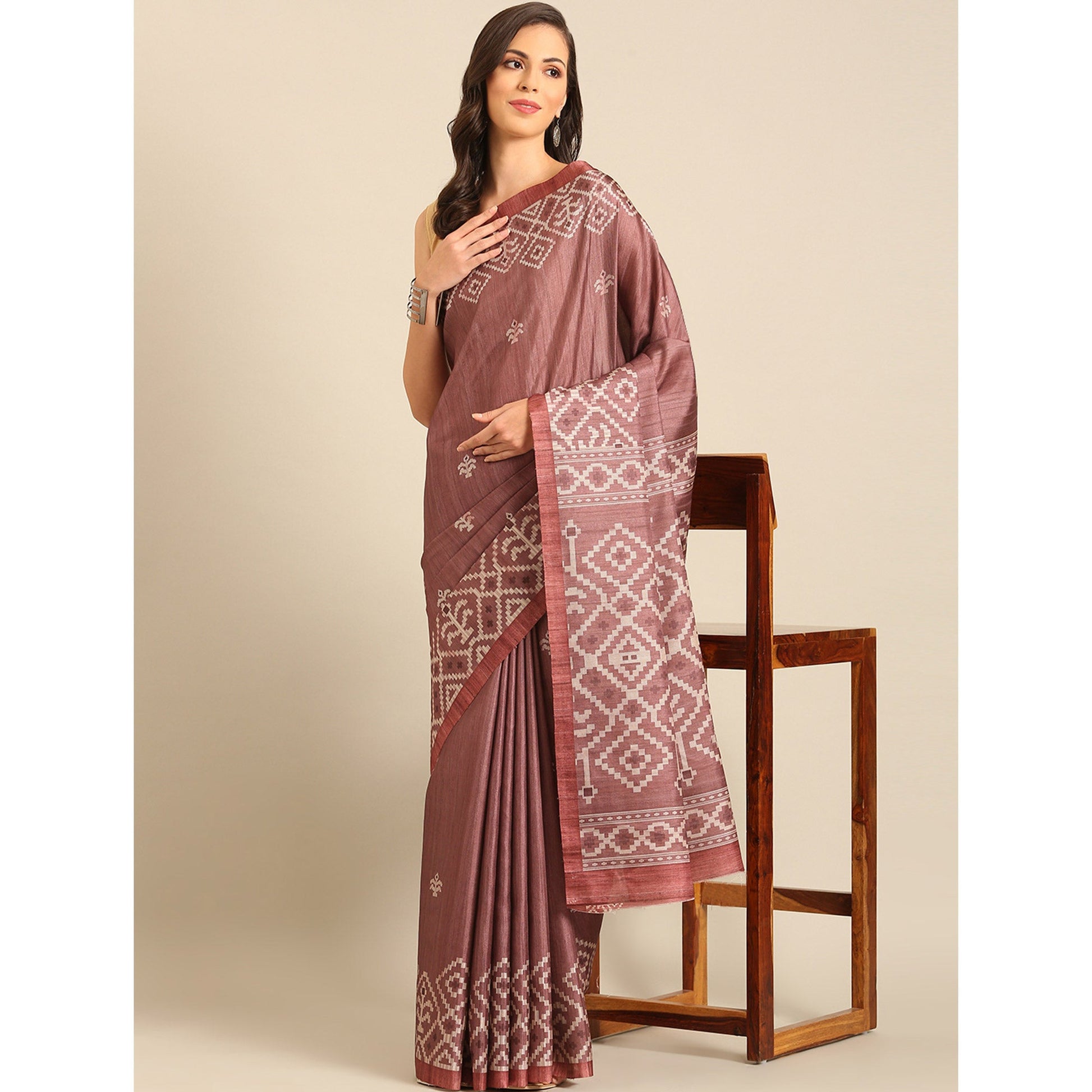 Dusty Rose Pink Digital Print Cotton Blend Saree