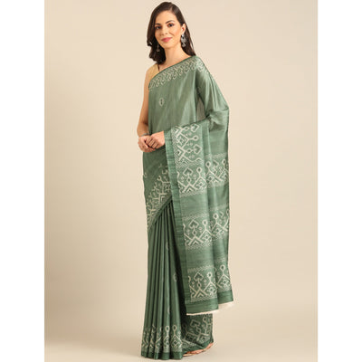 green-digital-print-cotton-blend-saree