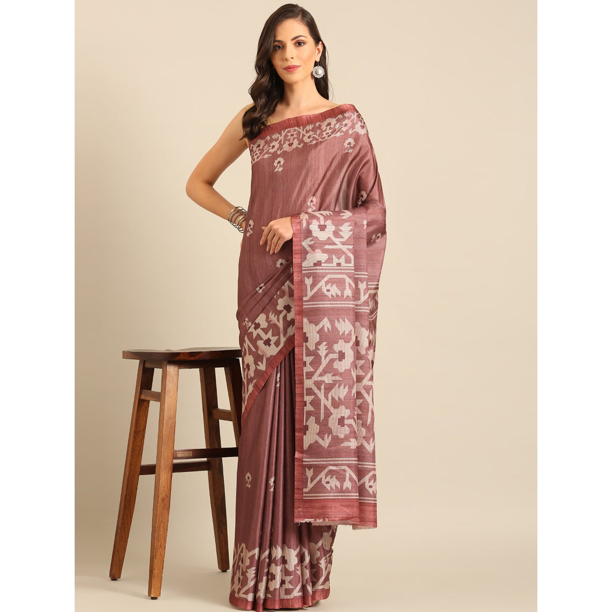 Dusty Rose Pink Digital Printed Cotton Blend Saree