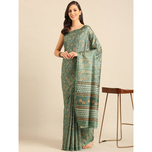 green-floral-digital-print-cotton-blend-saree