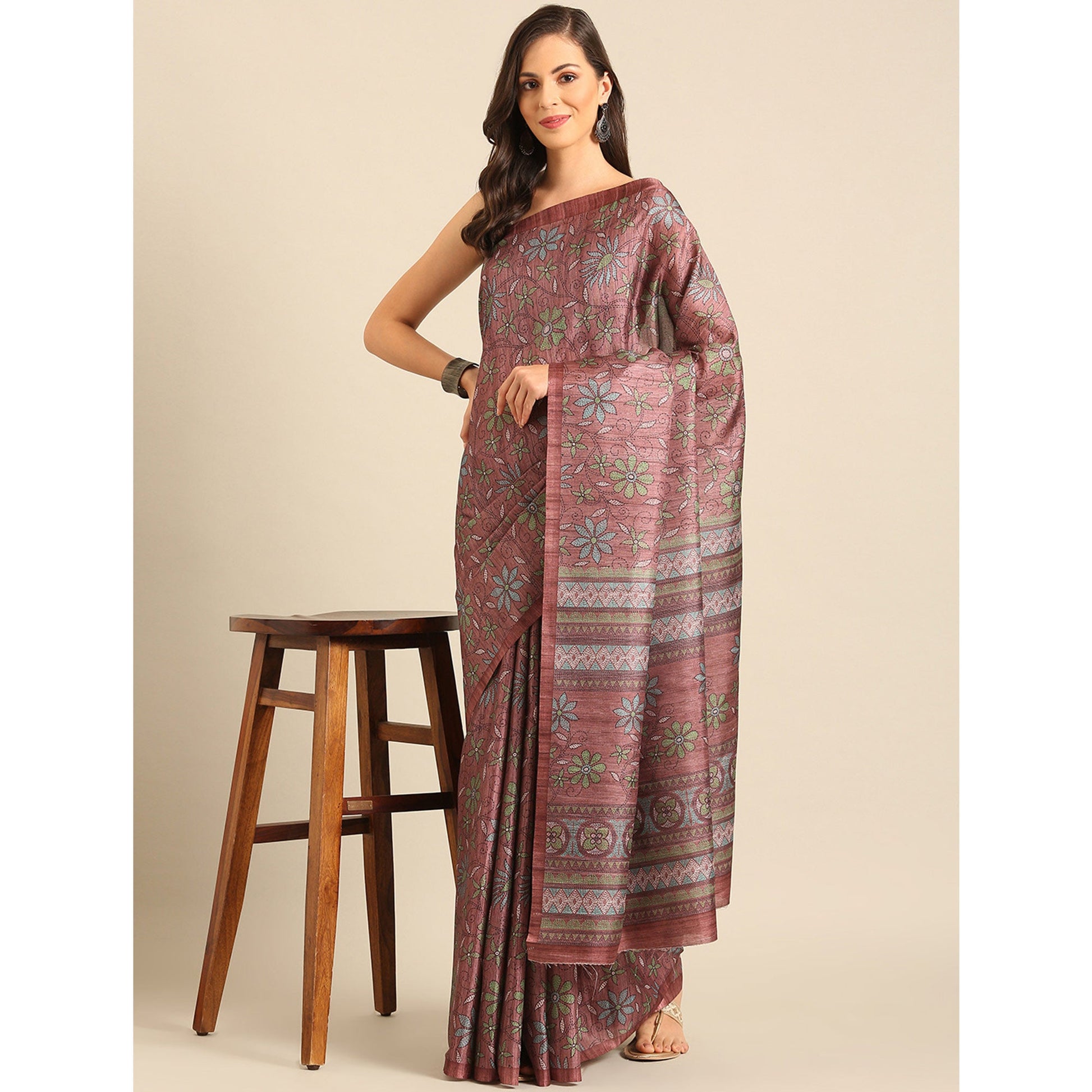 Dusty Rose Pink Floral Digital Printed Cotton Blend Saree