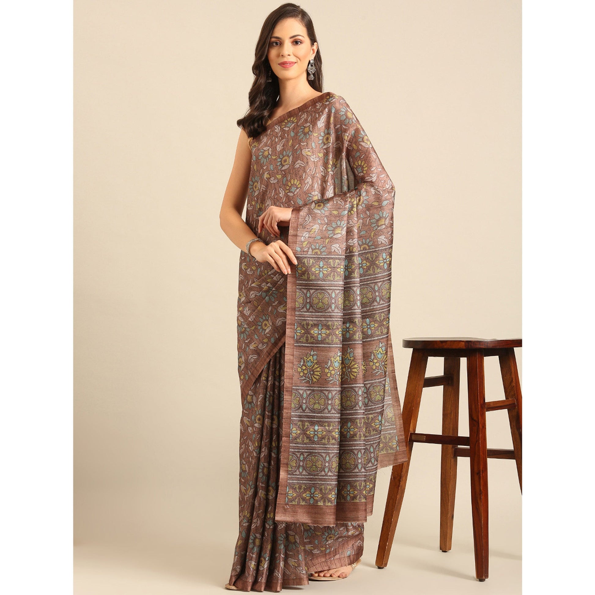 Brown Floral Digital Print Cotton Blend Saree