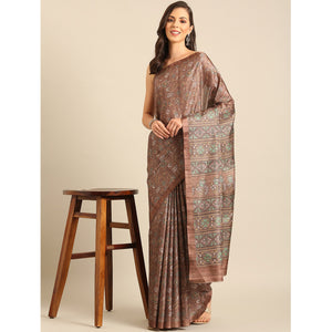 Brown Floral Digital Printed Cotton Blend Saree