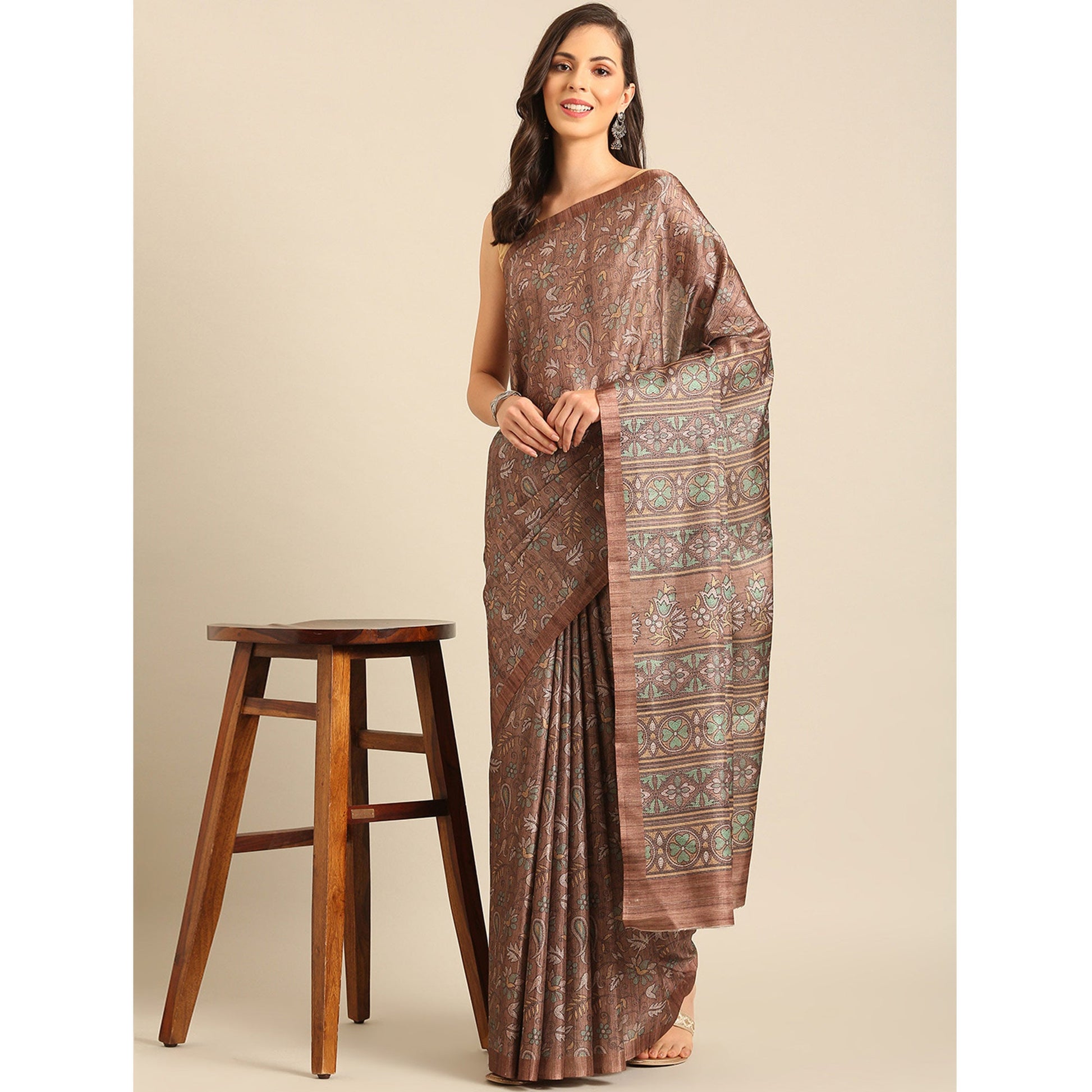 Brown Floral Digital Printed Cotton Blend Saree