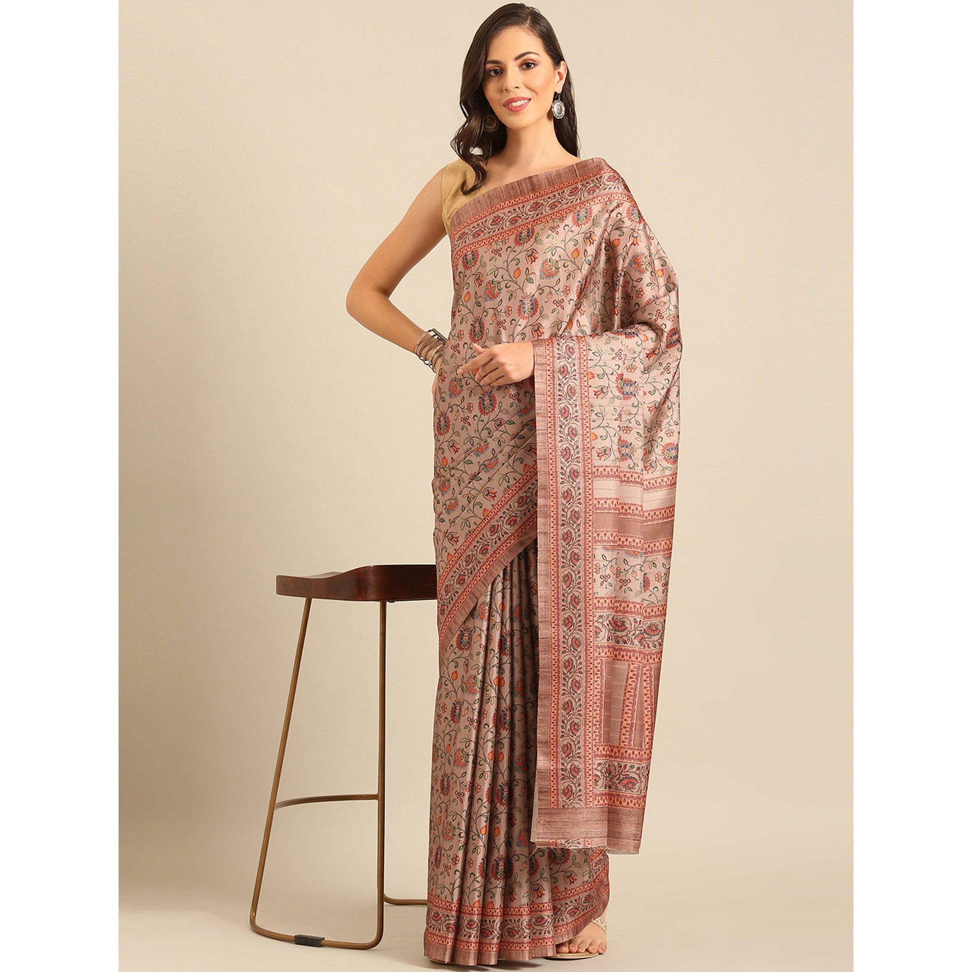 Light Peach Floral Digital Printed Cotton Blend Saree