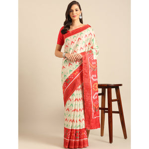 Cream Digital Patola Printed Cotton Blend Saree