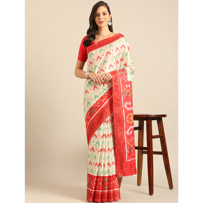 Cream Digital Patola Printed Cotton Blend Saree