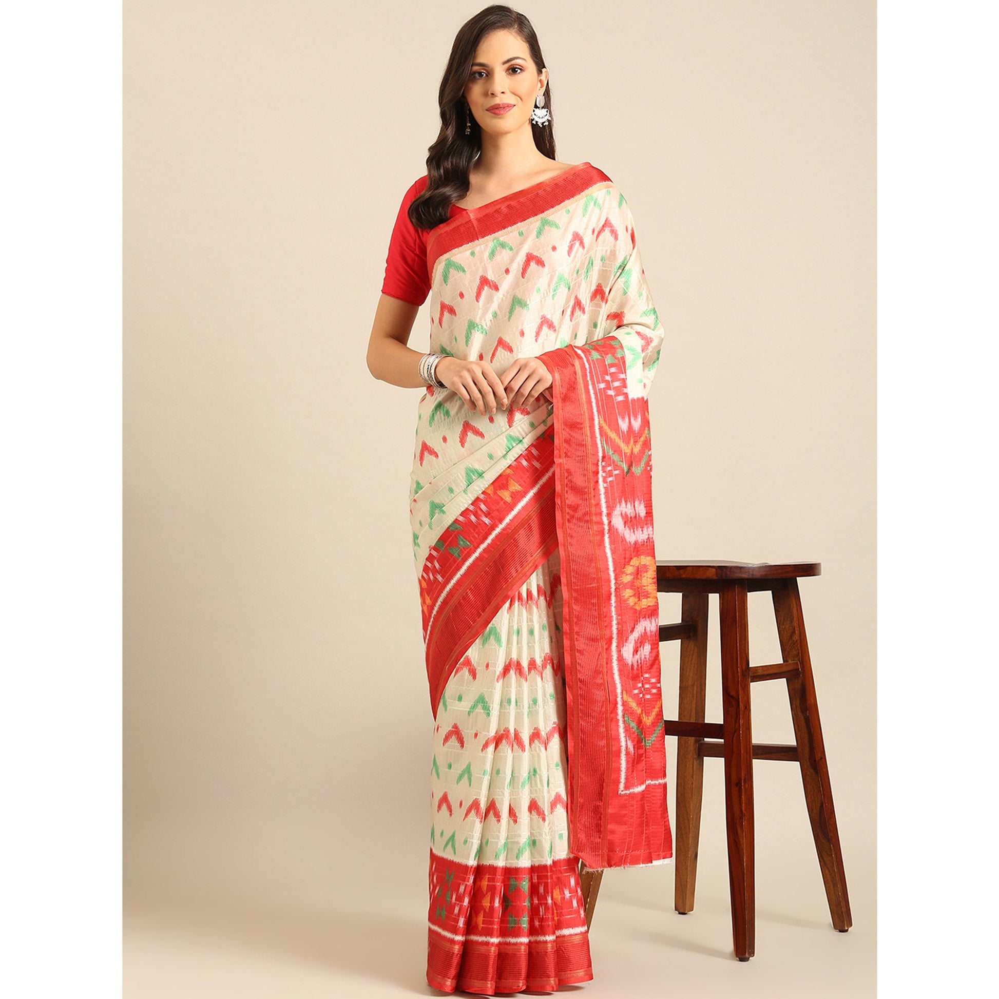 Cream Digital Patola Printed Cotton Blend Saree