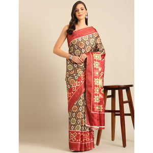 Brown Digital Patola Printed Cotton Blend Saree