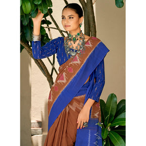 Brown & Blue Ikkat Printed Mulmul Cotton Saree