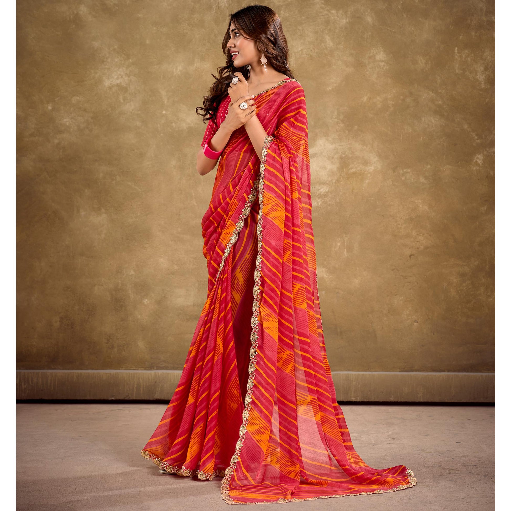 Gajri Pink Printed Chiffon Saree With Sequins Border