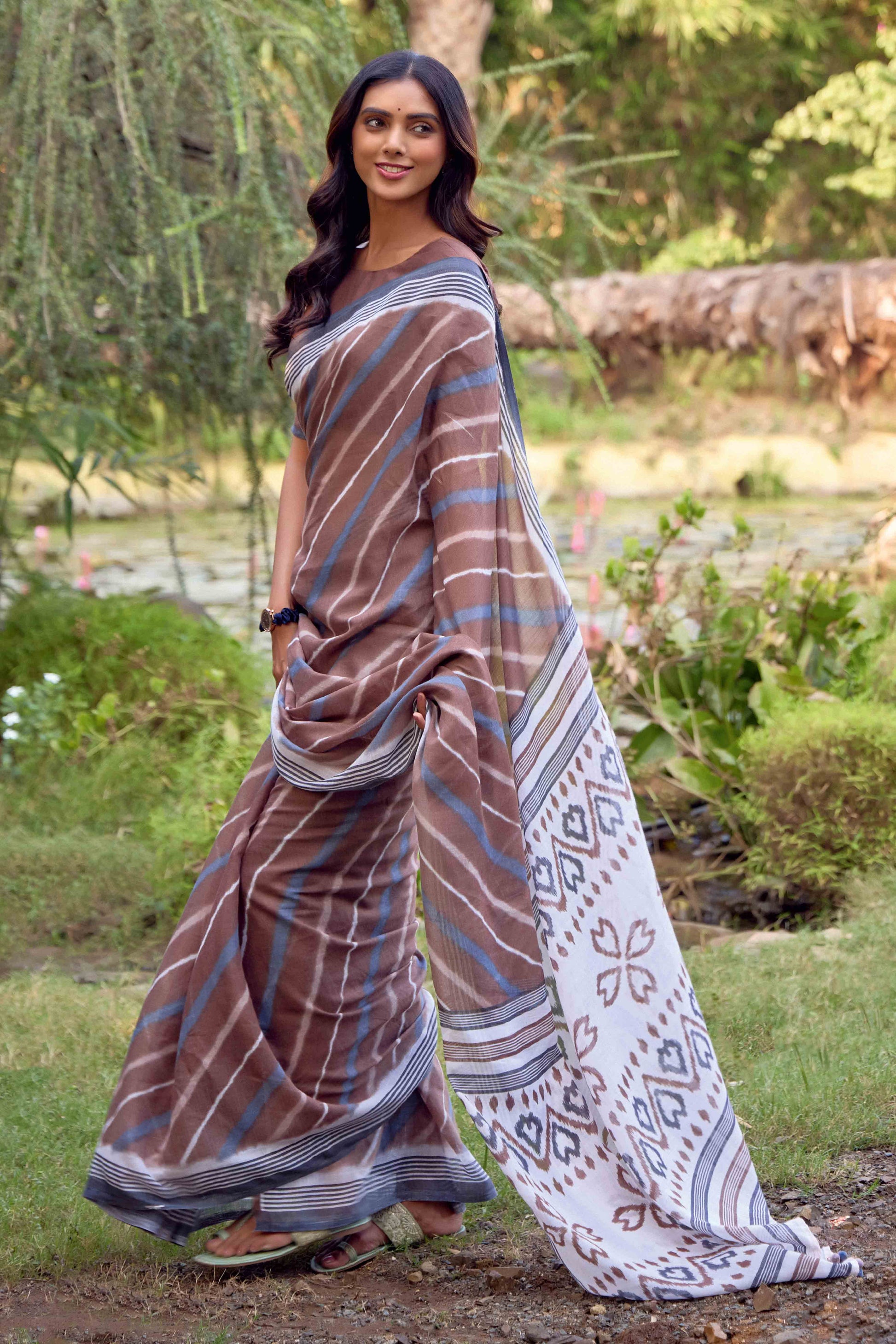 Brown Leheriya Printed Linen Saree