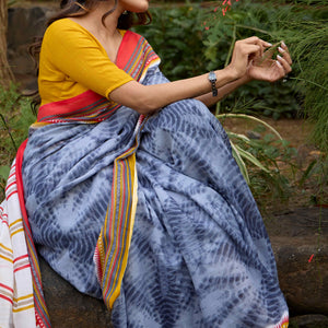 Grey Tie Dye Printed Linen Saree