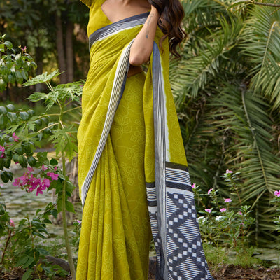green-bandhani-printed-linen-saree