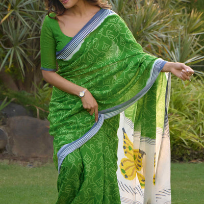 Forest Green Bandhani Printed Linen Saree